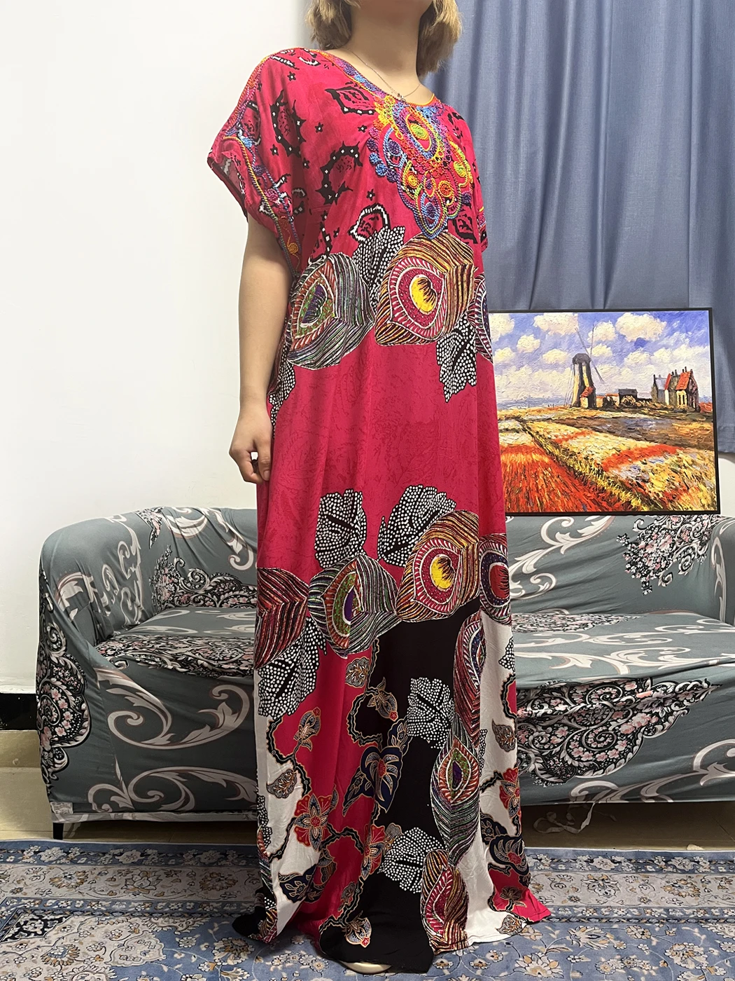 African Cotton Abayas For Women New Print Floral Round Neck Short Sleeve Muslim Novelty Loose Clothes Nigerian With Headscarf