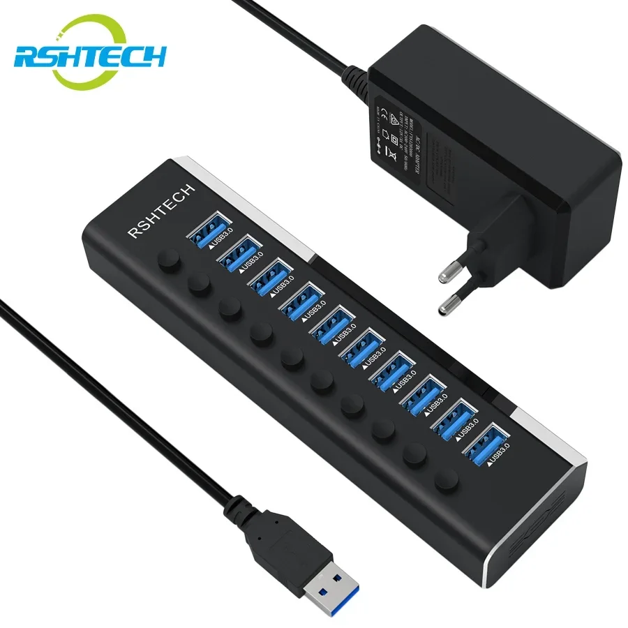 

RSHTECH USB Hub 10 Port 5Gbps USB 3.0 Data Hubs with 36W 12V/3A Power Adapter Individual On/Off Switches Laptop USB Splitter