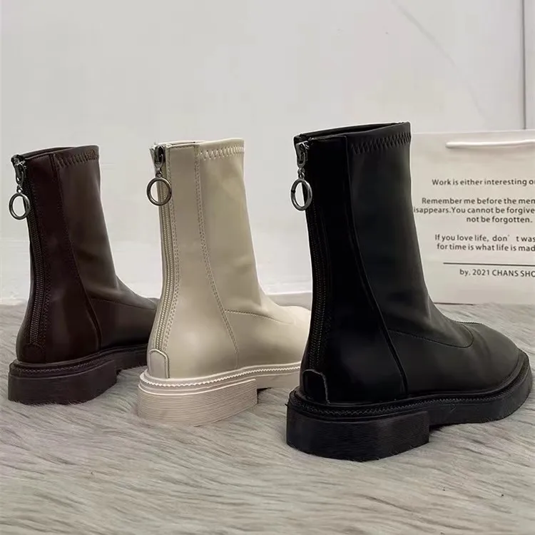 Women Black Low Heels Ankle Boots 2022 Winter Female Retro Round Toe Back Zipper Chelsea Boots High Quality Short Boots