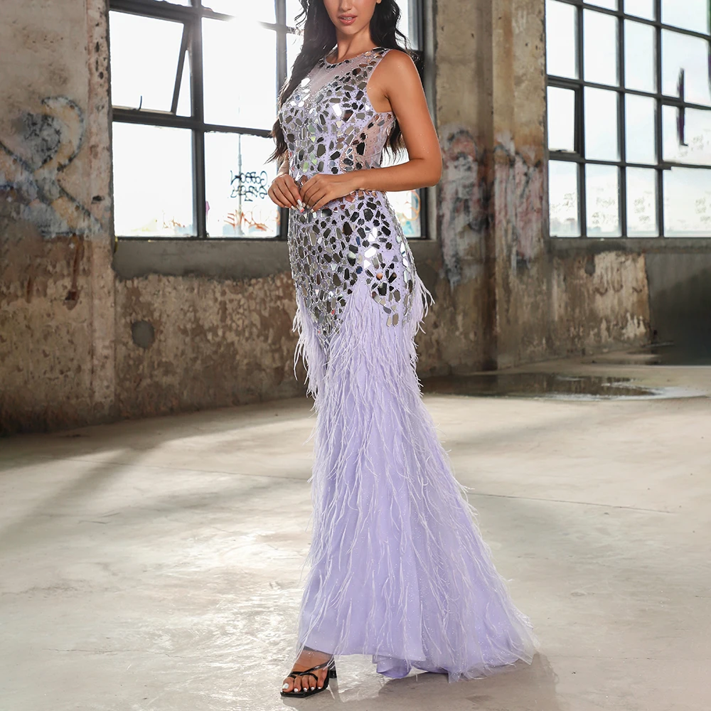 Blue Mirrors Feather Beaded Embellishment Dress Women Evening Gown Prom