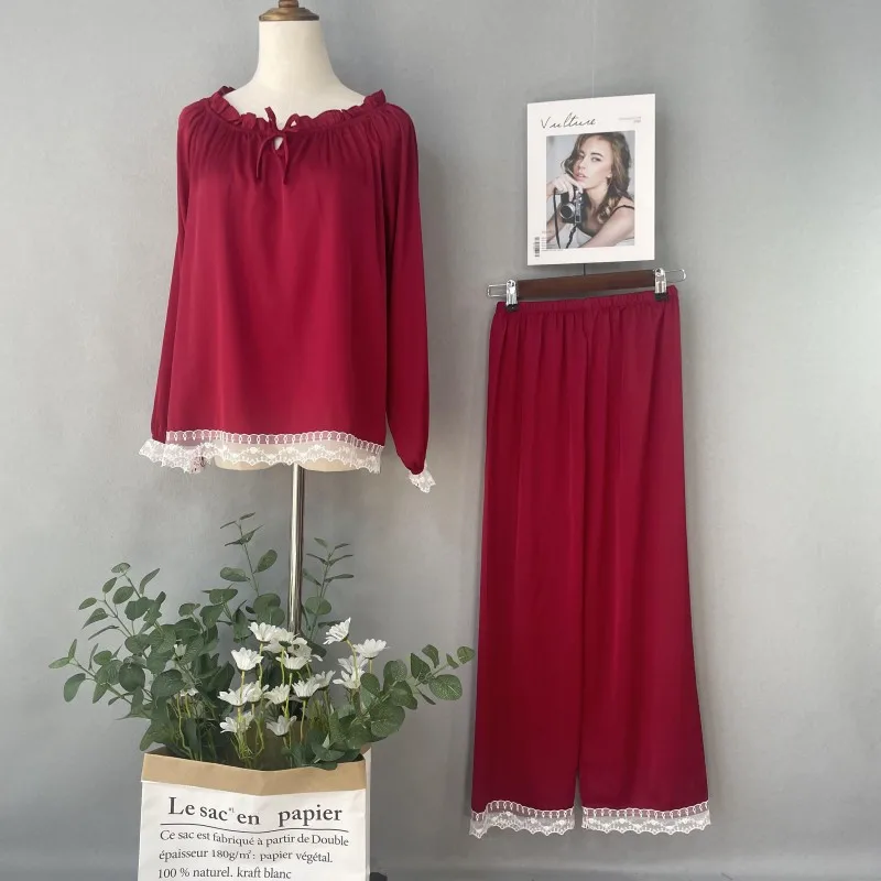 

Solid Color Ice Silk Pajamas Sleepwear Nightwear Round Neck Ruffles Long Sleeve Shirt Pants Homewear Sleep Set Lace Loungewear