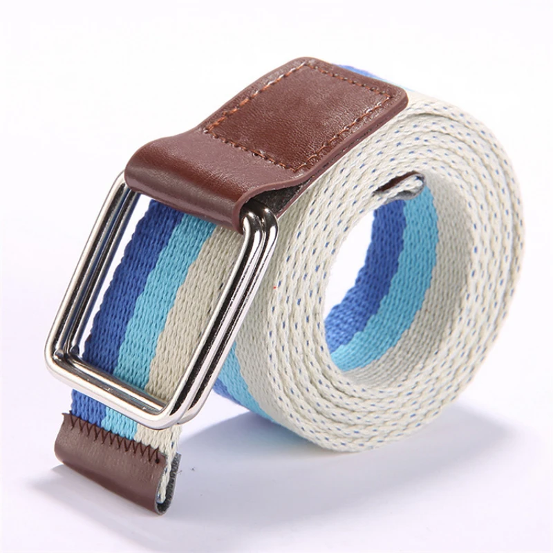 

Trend 7 Colors Woven Canvas Double Ring Buckle Belt Unisex Personality Fashion with Jeans Everything Simple Classic Striped Belt