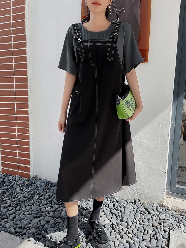 

2023 Summer Korean Fashion Short Sleeve Woman Dress Casual Loose Plus Size Fake Two-Piece Buttoned Suspender Dresses For Women