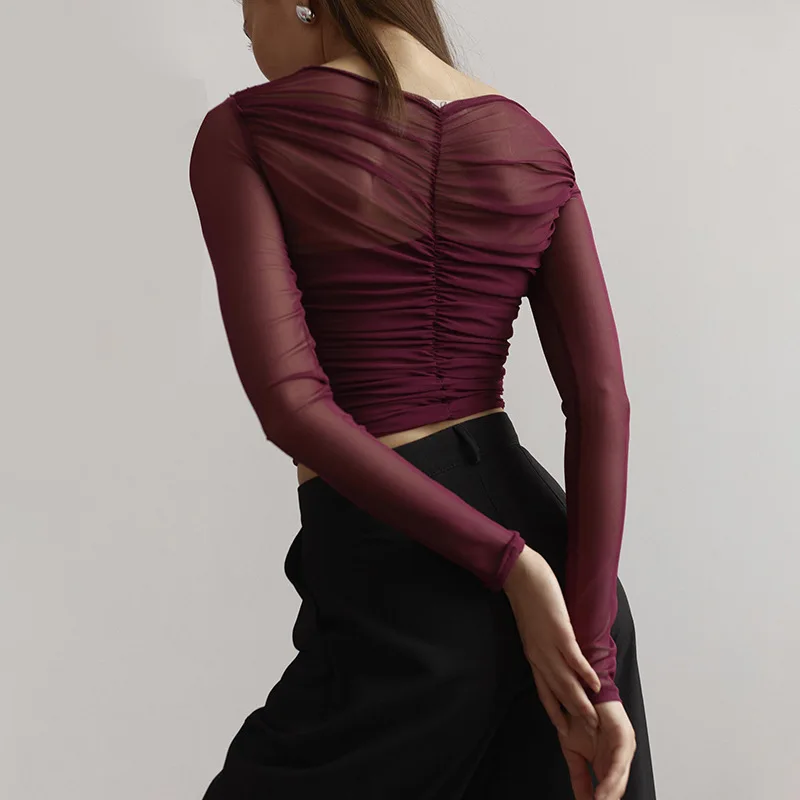 Camiseta de malla con cuello en V y retazos para mujer, top liso de manga larga, estilo Y2k, top sexy para mujer para otoño