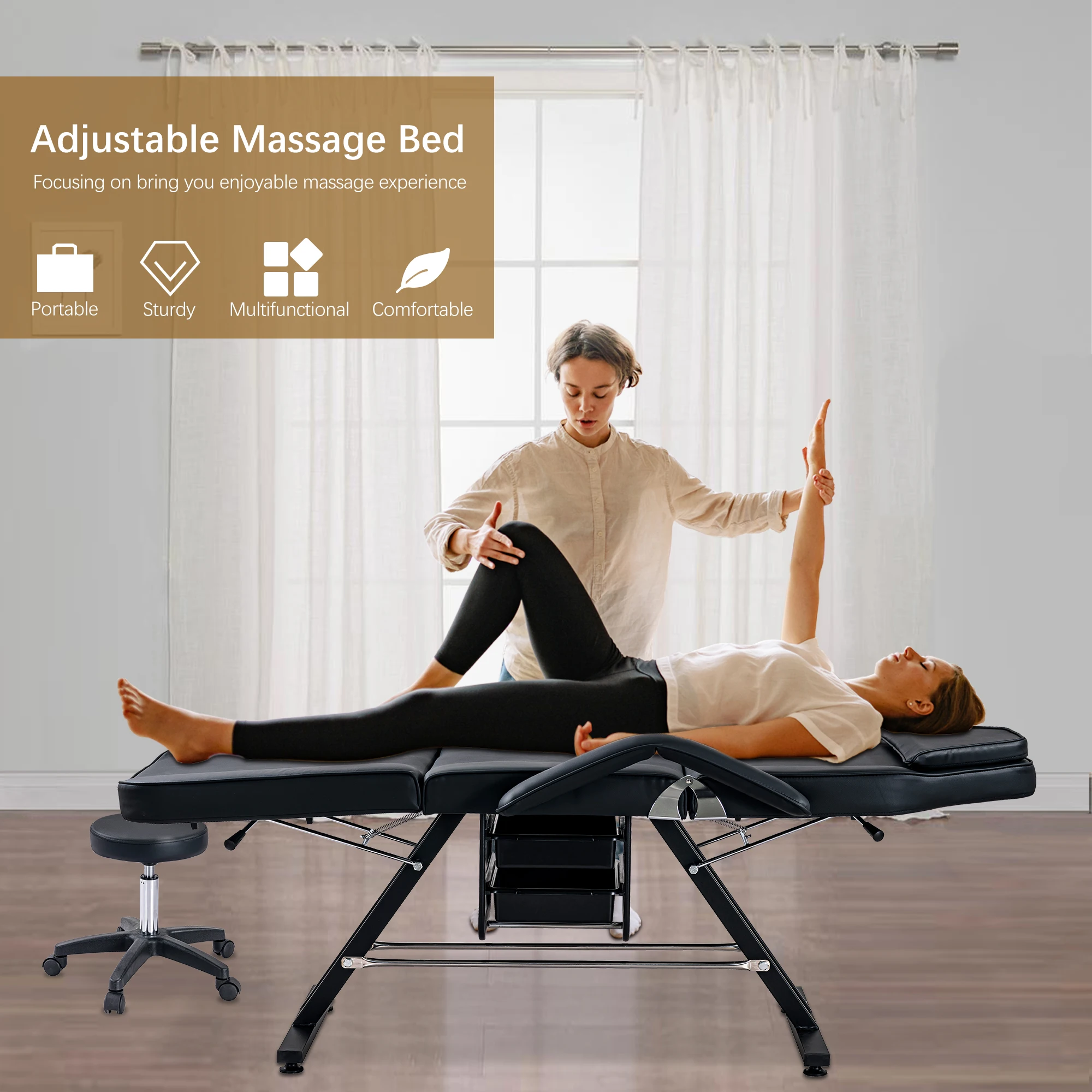 MassageTattoo Chair W/2 Trays&1 Stool Multi-Purpose Esthetician Bed 3-Section Facial Bed Table Adjustable Barber Spa
