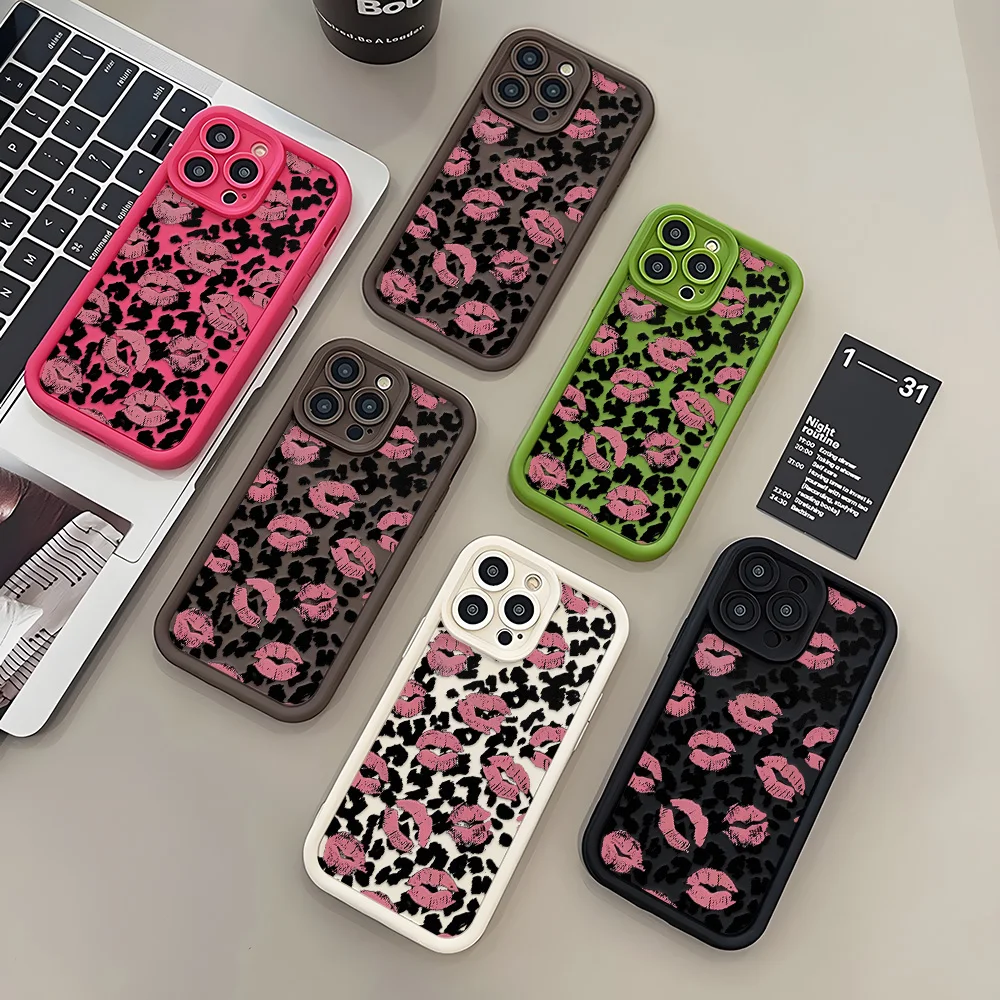 Kawaii Pink Lip Leopard Silicone Protective Painted Phone Case