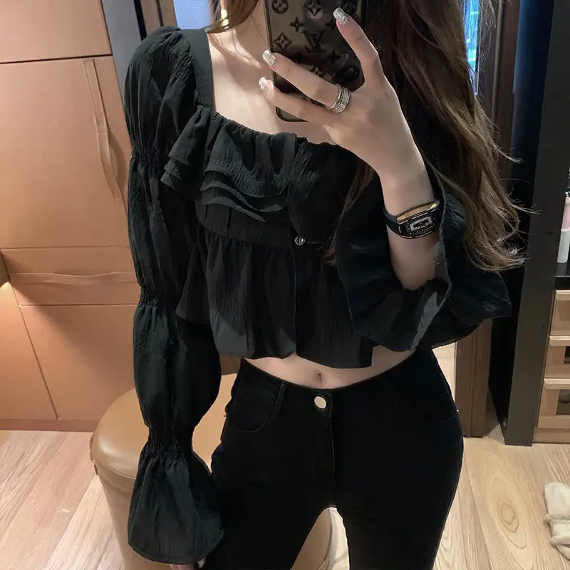 

Новинка 2023, женская летняя однотонная простая уличная одежда, укороченные дизайнерские нежные Стильные повседневные топы с оборками и квадратным воротником