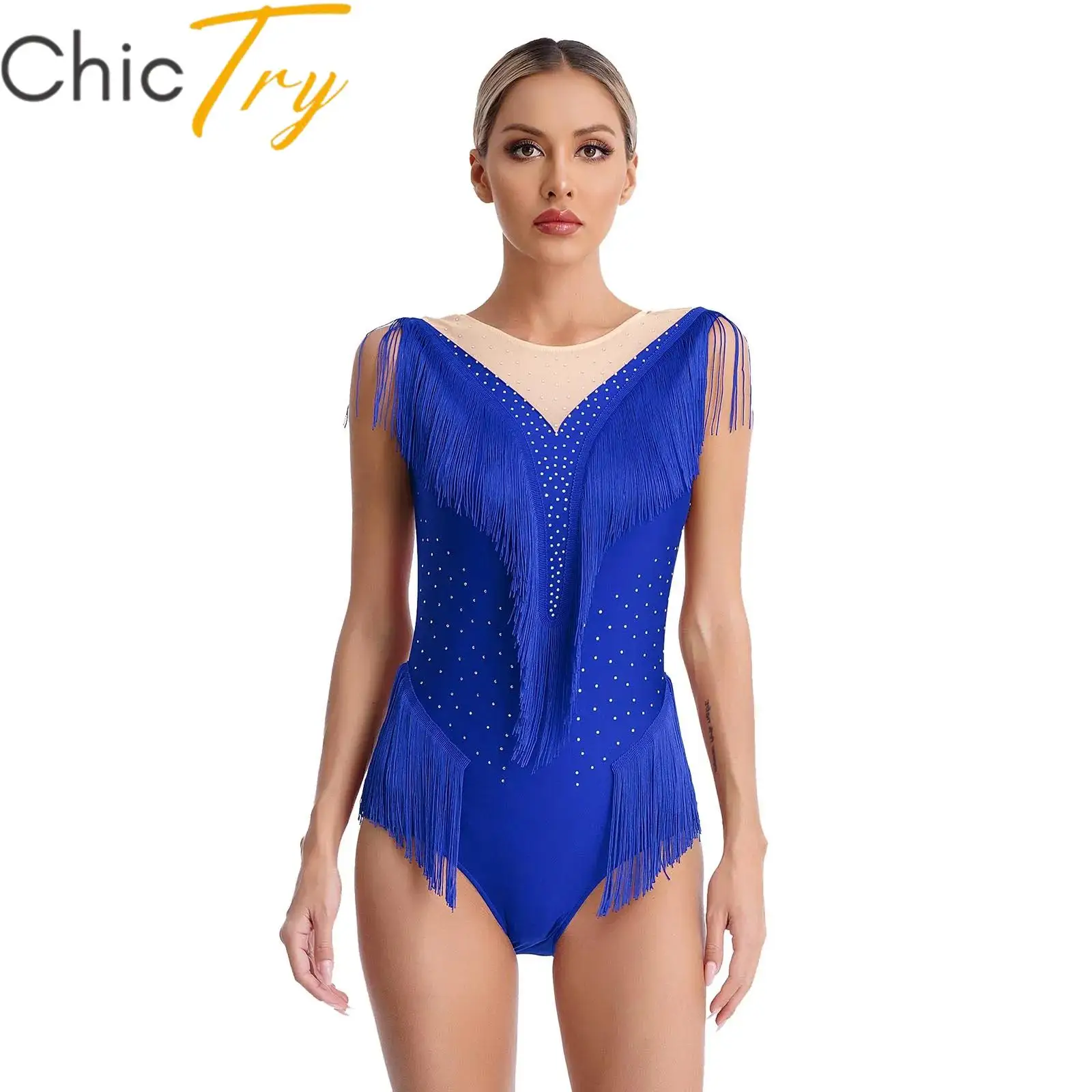 

Womens Rhinestone Fringed Leotard Ballet Tango Latin Dance Performance Costume Sheer Mesh Patchwork Tassel Sleeveless Bodysuit