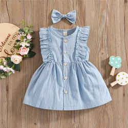 Robe d'été à volants pour bébés filles, 4 couleurs, sans manches, princesse mignonne, couleur unie, à boutons, épingle à cheveux assortie 
