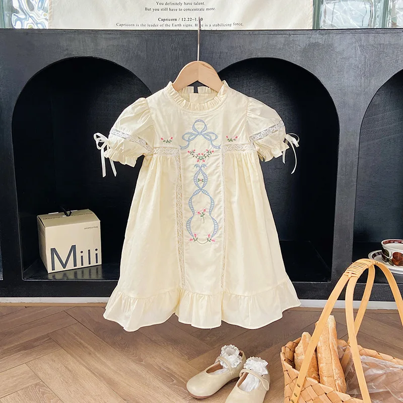 

Girl's Big-Name Bow Embroidered Lace Dress2024Summer Stand Collar Elegant Short-Sleeved Children's Princess Dress Fashion-MR