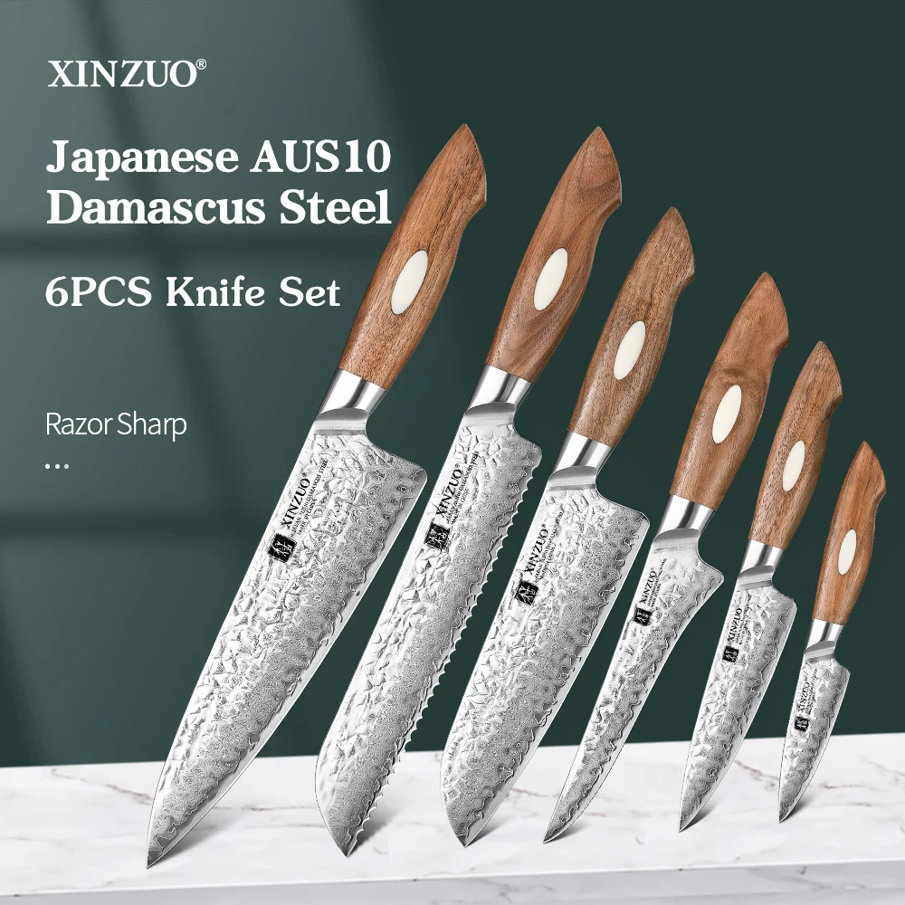 

XINZUO 6PCS Kitchen Set Knives Damascus Steel Sharp And Durable Cookware Professional Chef's Knife Wooden Handle With Gift Box