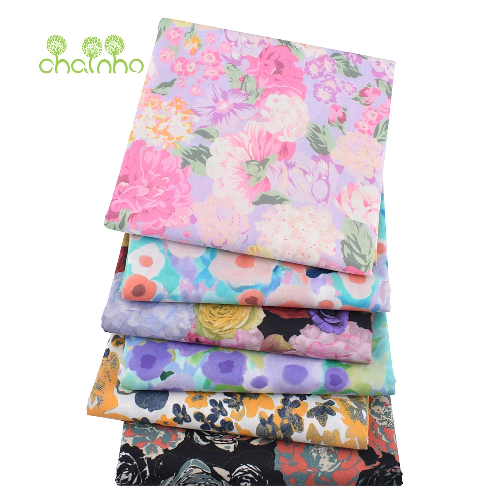 Chainho,Printed Plain Weave Poplin Cotton Fabric,DIY Quilting Sewing Material,Patchwork Cloth,Floral Series,3 Sizes,15PC146