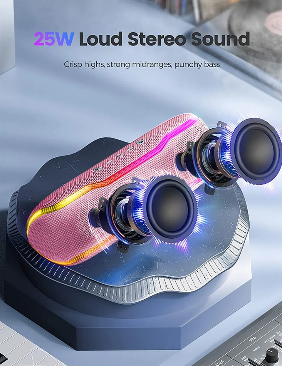 Wisetiger IPX7 Portable Bluetooth Speaker 25W Stereo Waterproof Outdoor Wireless Sound Box Colorful Lighting Pink Green For Party