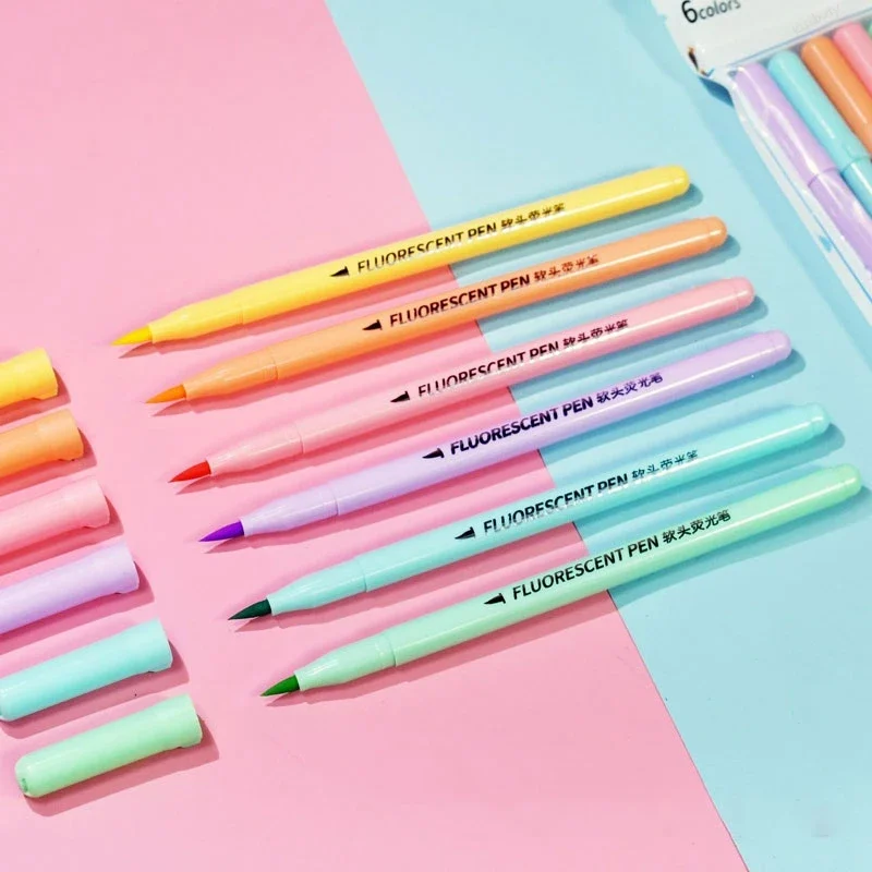 6 colors Soft Brush Fluorescence Pen Set Pastel Markers Brush Set Art Color Highlighter Calligraphy pens Stationery Supplies 3