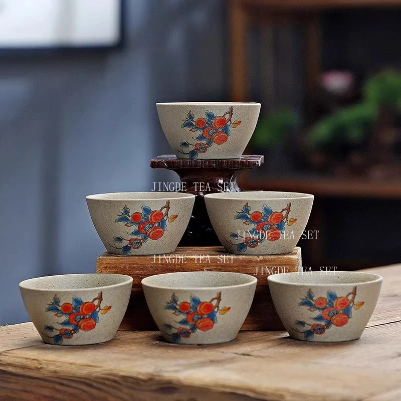 6pcs Kung Fu Little Tea Cup Household Ceramic Purple Clay Tea Bowl Chinese Coarse Pottery Conical Hat Tea Cup Teaset Accessories
