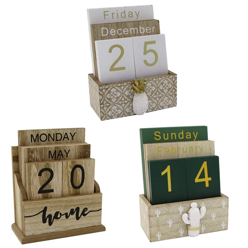 Wooden Flip Desk Blocks Calendar,Perpetual Plank/Table Calendar Display,For Home/Office Decoration,11.5X6.5X14.5CM
