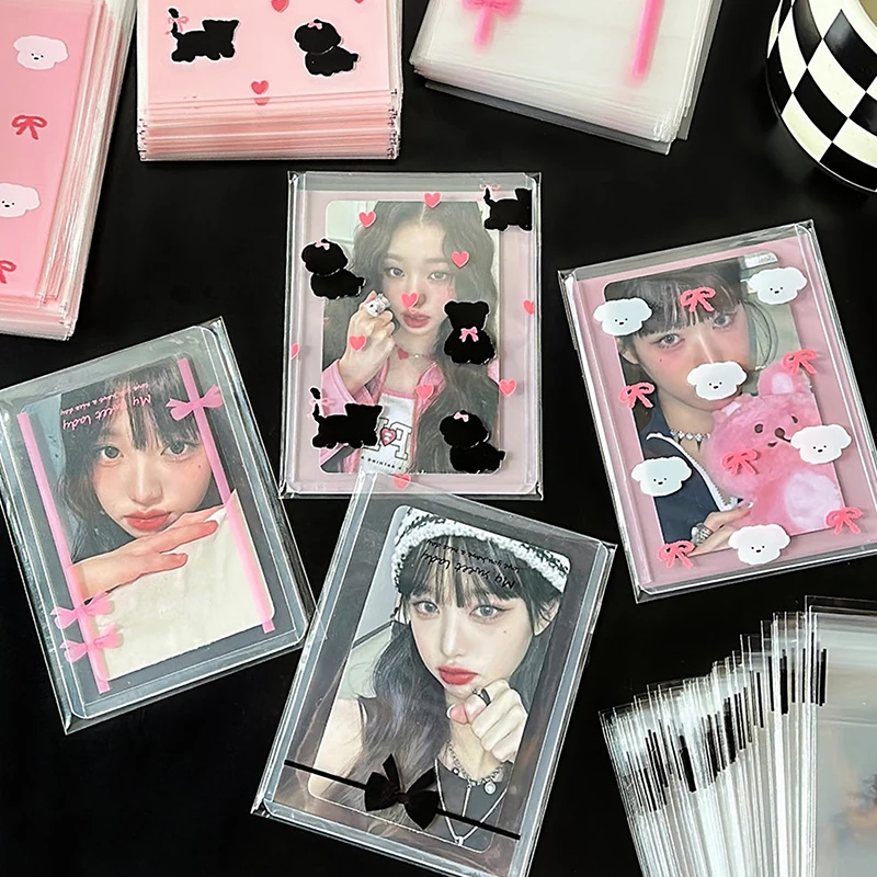 

New 50Pcs Transparent Cute Bow Self-adhesive Opp Bag Kpop Idol Photo Cards Protective Storage Bag Photocard Card Sleeves