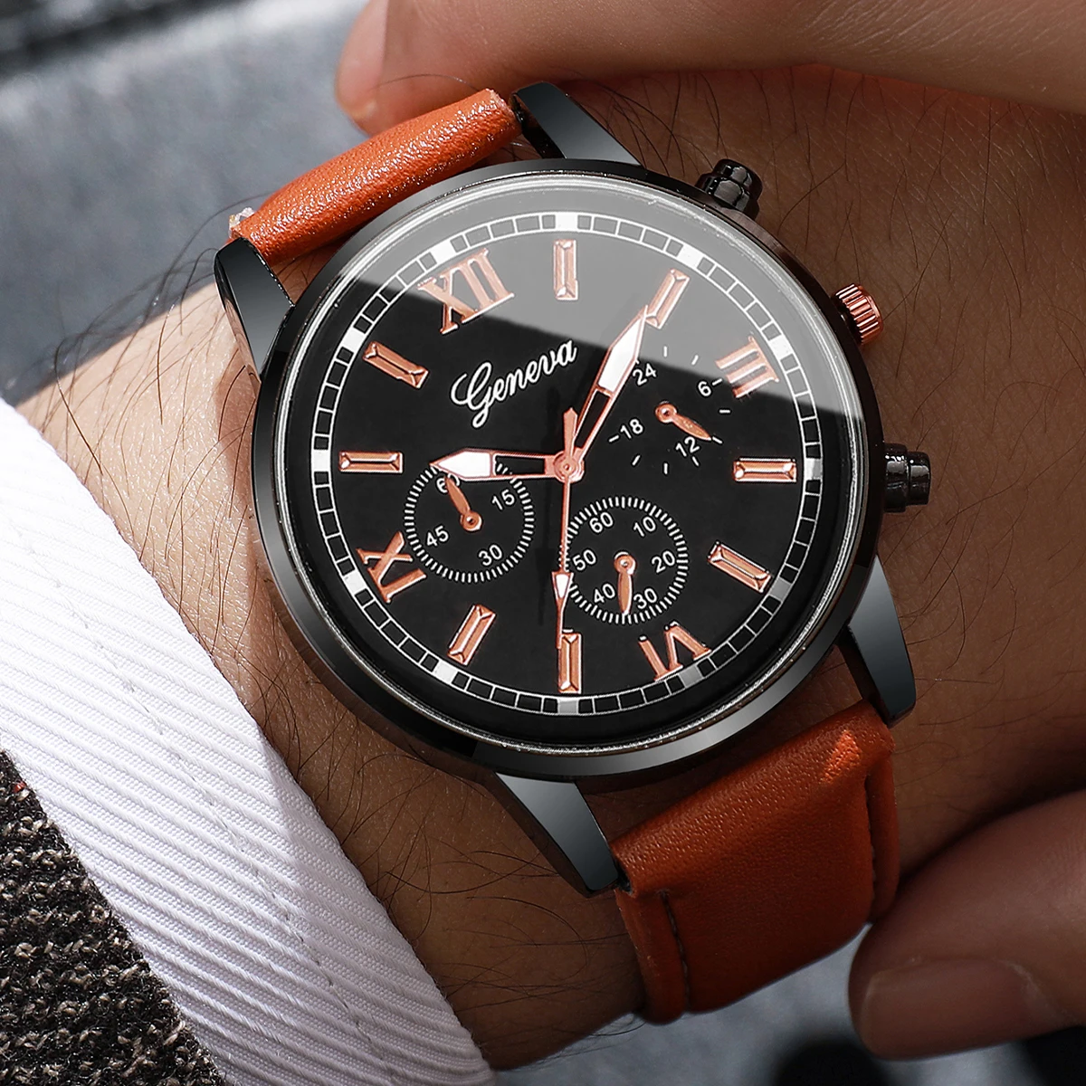 2/4/6pcs/set Men's Watch Combination Set Trendy Casual Business Style Men's Temperament Leather Watch Sport Style Watch No Box