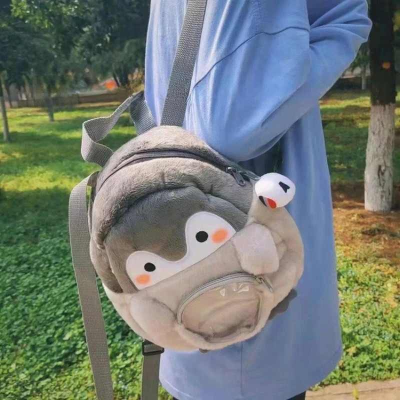 Mochila de peluche de pingüino – de escuela de poliéster suave, correas ajustables, cremallera | Adorable Bolso de hombro de dibujos animados para viajes al aire libre, actividades Q