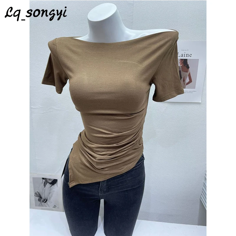 

Женские необычные футболки Lq_songyi с воротником-лодочкой, базовая облегающая футболка с высоким поясом, топ приталенного силуэта, летние однотонные Топы с коротким рукавом, 2024