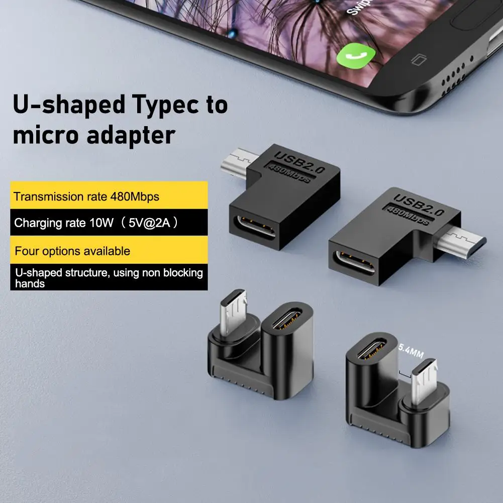 U-shaped Angled Type C Female To Micro Male Usb2.0 Adapter Converter 480mbps 10w Universal For Phone P1v0