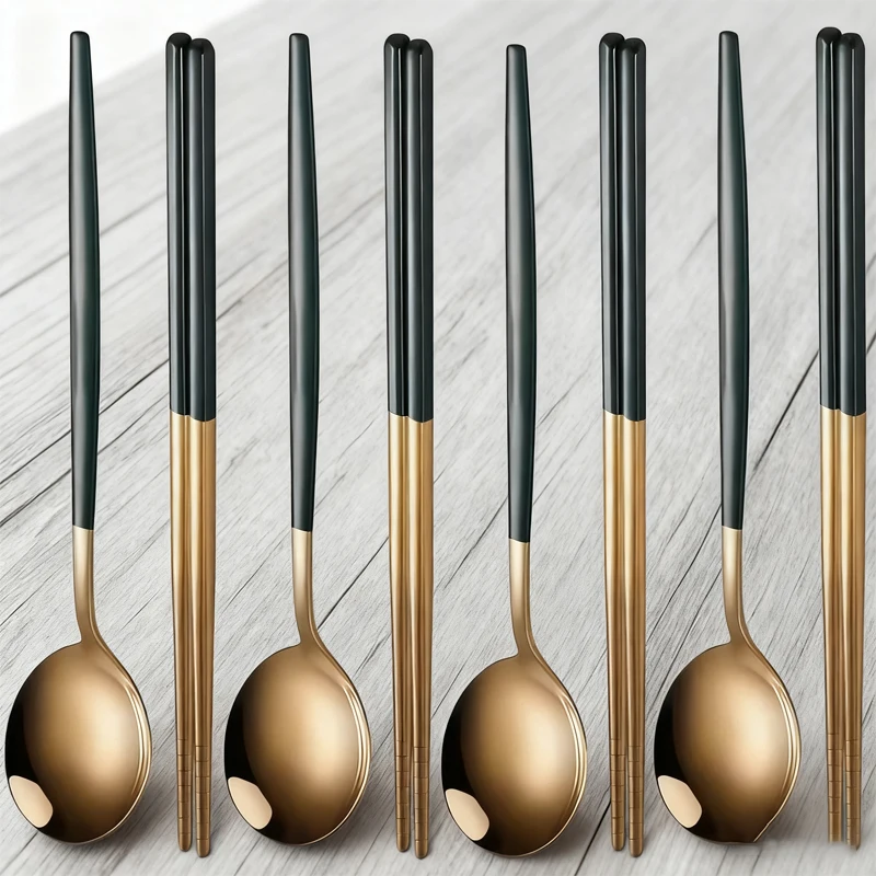 4 adet siyah saplı altın çatal bıçak kaşık seti paslanmaz çelik bıçak çatal kaşık sofra takımı çatal bıçak takımı seti festivali mutfak yemek takımı hediye