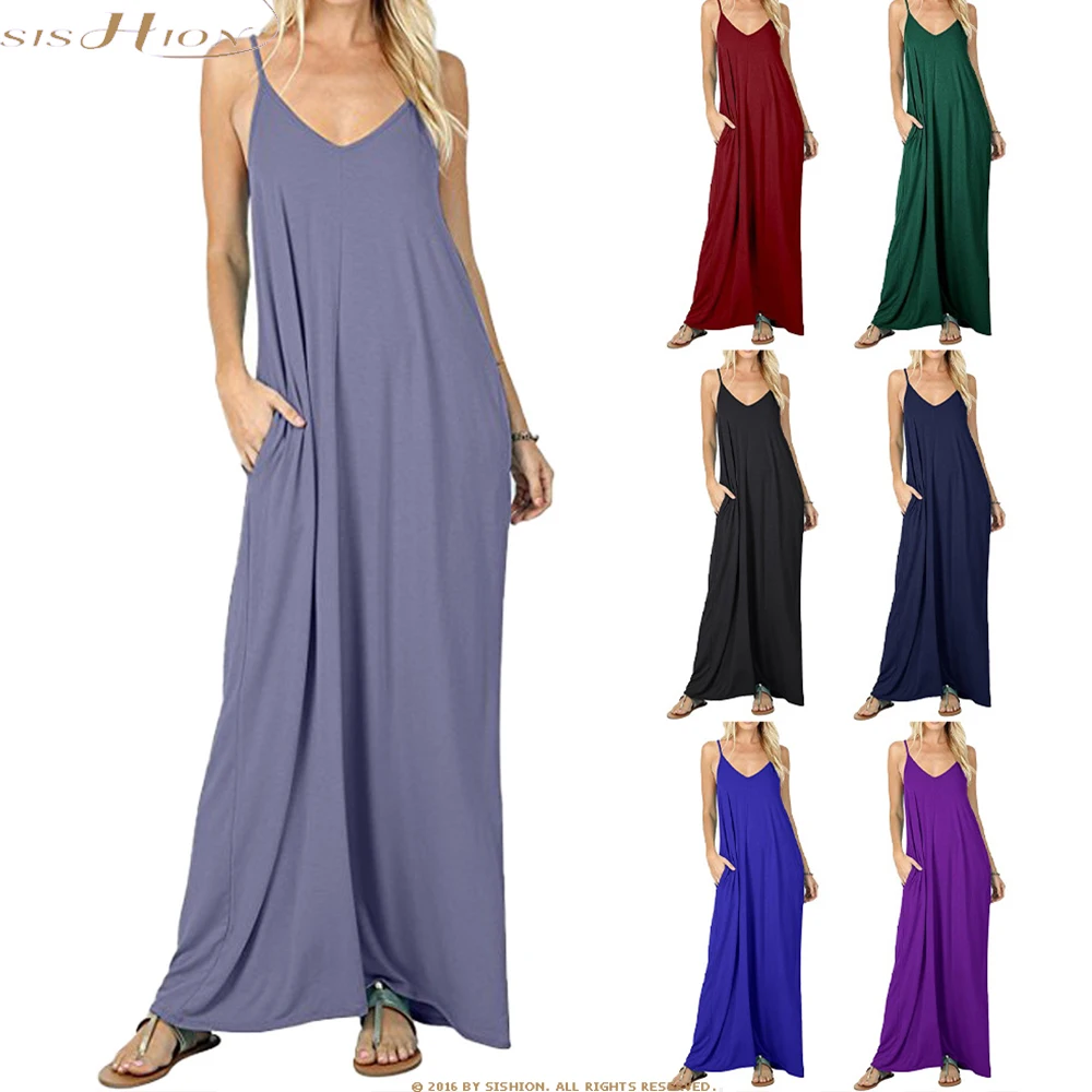 

Summer Solid Blue Ladies Sexy Maxi Dresses with Pockets Femme Dress Sleeveless V-neck Vest Long Women Long Dress Vestidos SR967