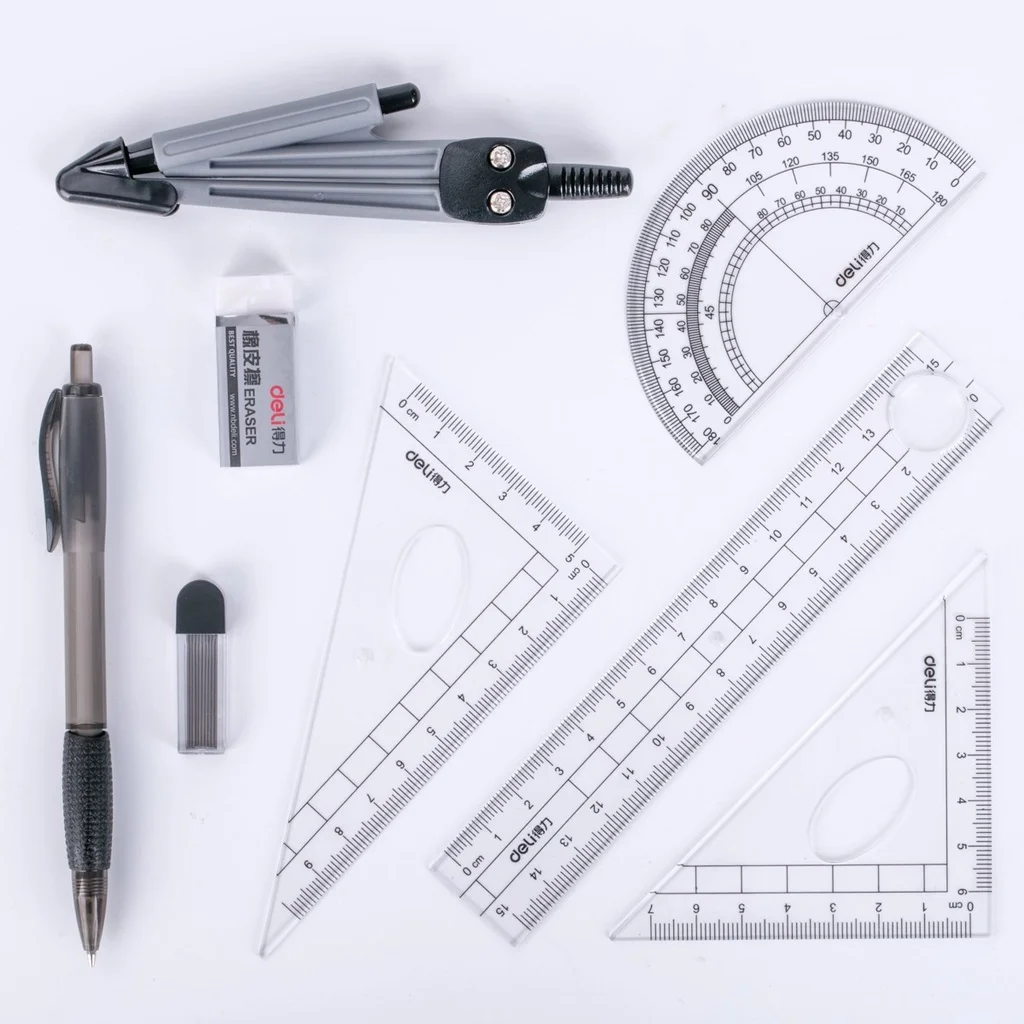 DELI Drafting Set 8pcs Drawing Tools Straight Rulers Protractor Compass Mathmatic Geomentry Set