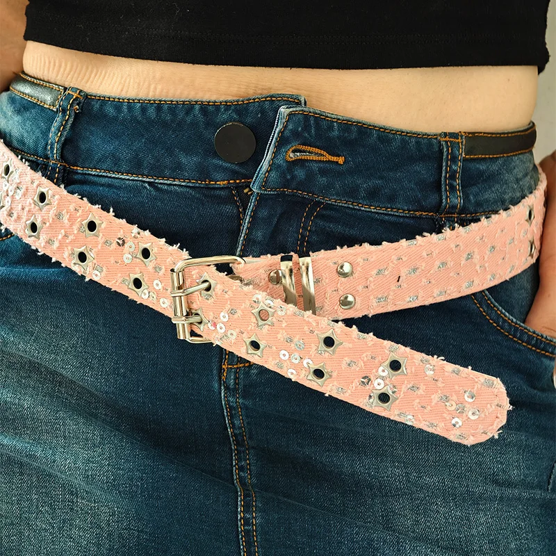 Punk Stern Öse Denim Stoff Gürtel Für Frauen High-end-Luxus Marke Unisex Jeans Retro Gothic Gürtel Blau Bund Y2K rosa Gürtel – Detail 3
