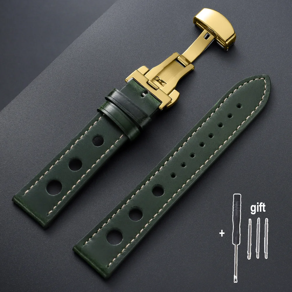 Vintage Brown and Black Oil Wax Cowhide Leather Watch Straps with Butterfly Buckle and Breathable Design