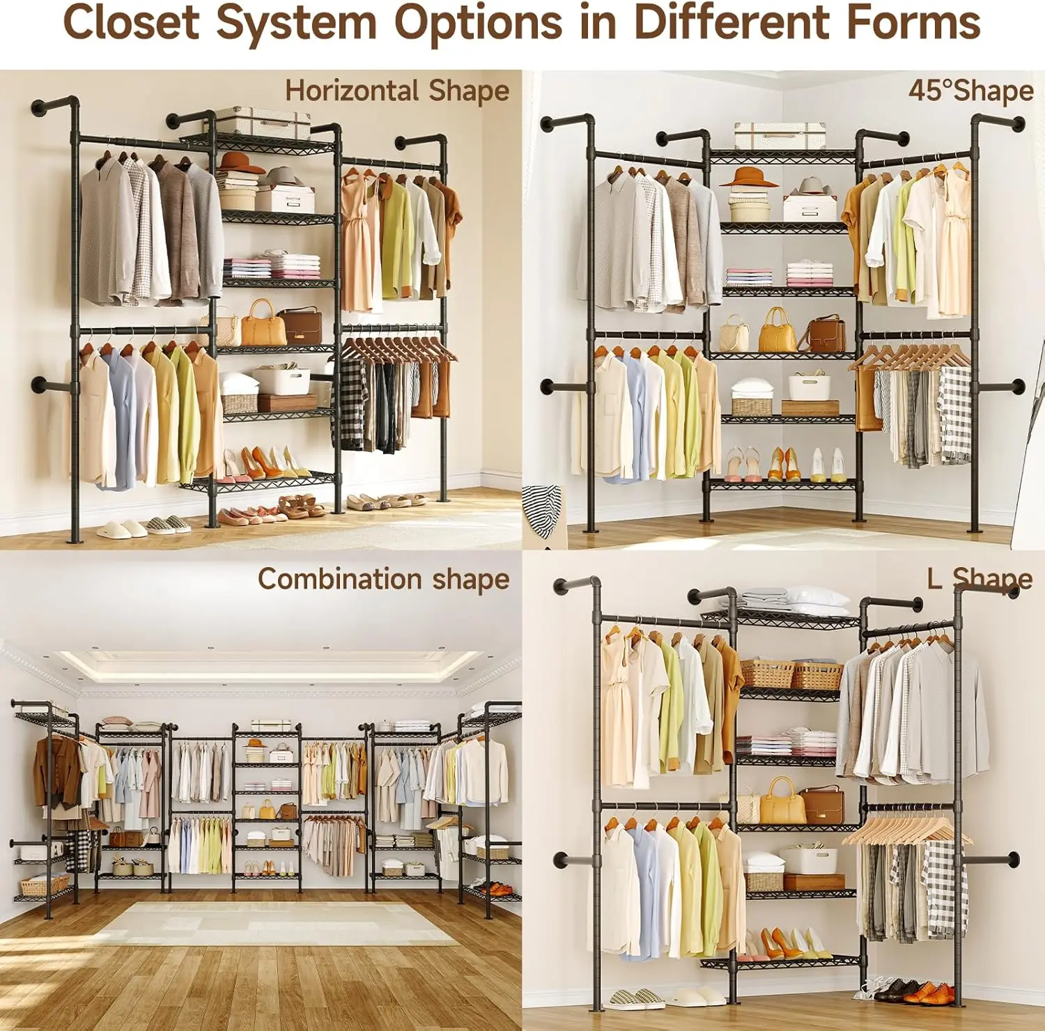 H3 Wall Mounted Closet System, Expandable Industrial Pipe Clothes Rack Clothing Rack for Hanging Clothes, Heavy Duty Closet