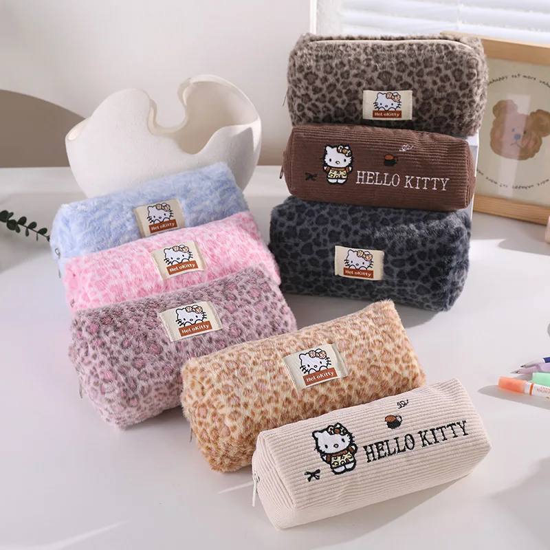카와이 헬로 키티 연필 상자 귀여운 산리오 벨벳 레오파드 패턴 대용량 메이크업 가방 연필 가방 학생 문구 선물