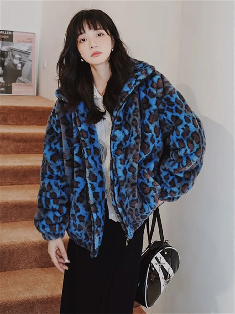 

Winter 2023 Blue Leopard Faux Fur Coat Fashion Streetwear Chic Loose Casual Korean Thicken Warm Plush Jacket Outerwear Girl 9003