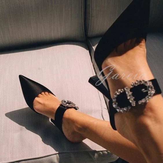 Luxury Satin Slippers Pointed Toe High Heels Women's Slippers Outside Party Shoes Elegant Black Summer Slip On Sexy Sandals