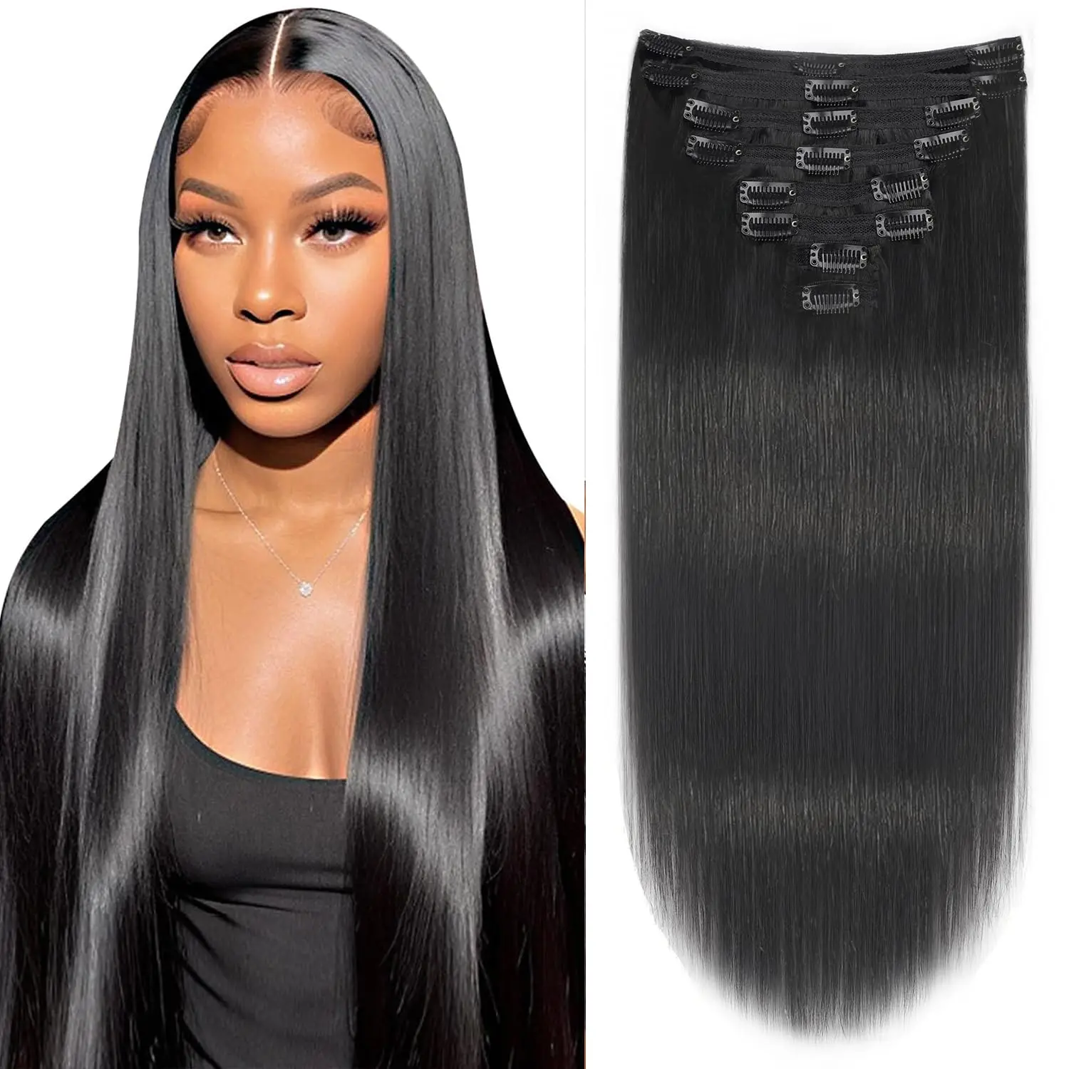 

Natural Straight Clip in Hair Extensions Real Human Hair Clip ins Remy Human Hair Seamless Clip on Hair Extensions For Women #1B