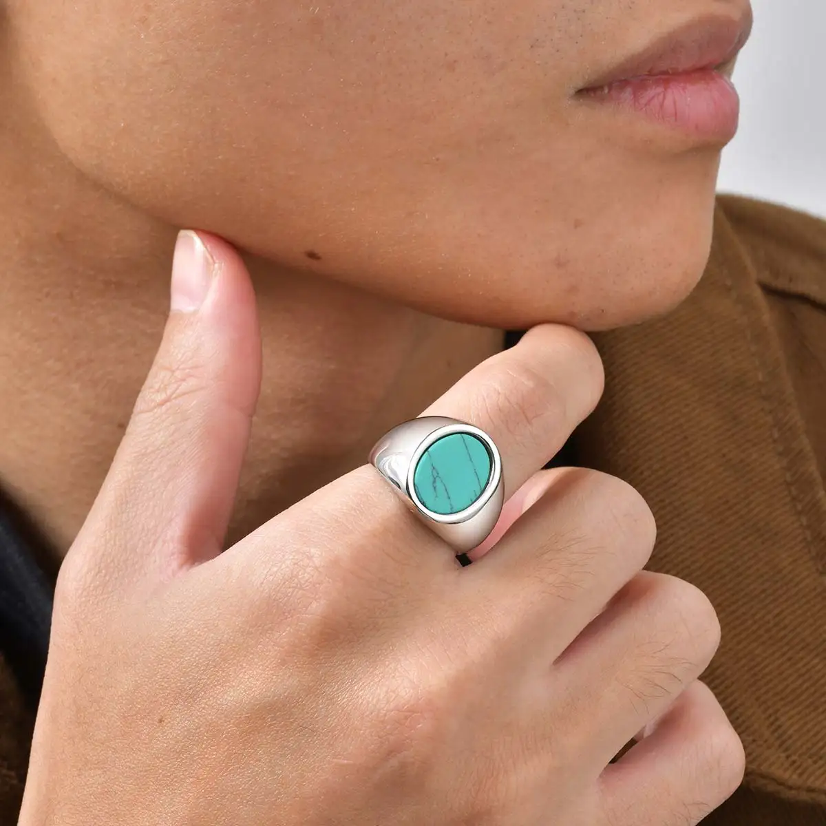 Hochwertiger Natursteinring für Männer, Edelstahl Türkis Grün Doling Siegelring, Punk Schmuck Geschenk – Detail 4
