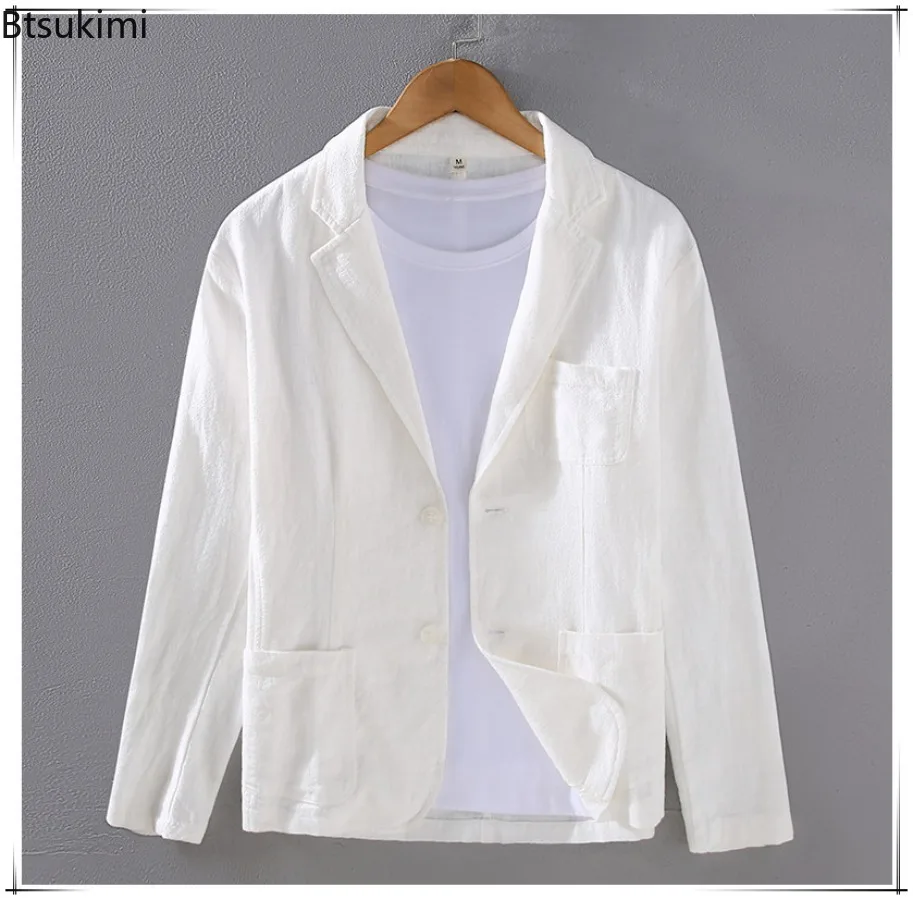Men's Blazer Jacket Fashion Solid Slim Casual Business Breathable Suit Coats Cotton Linen Thin Suit High Quality Men Clothing