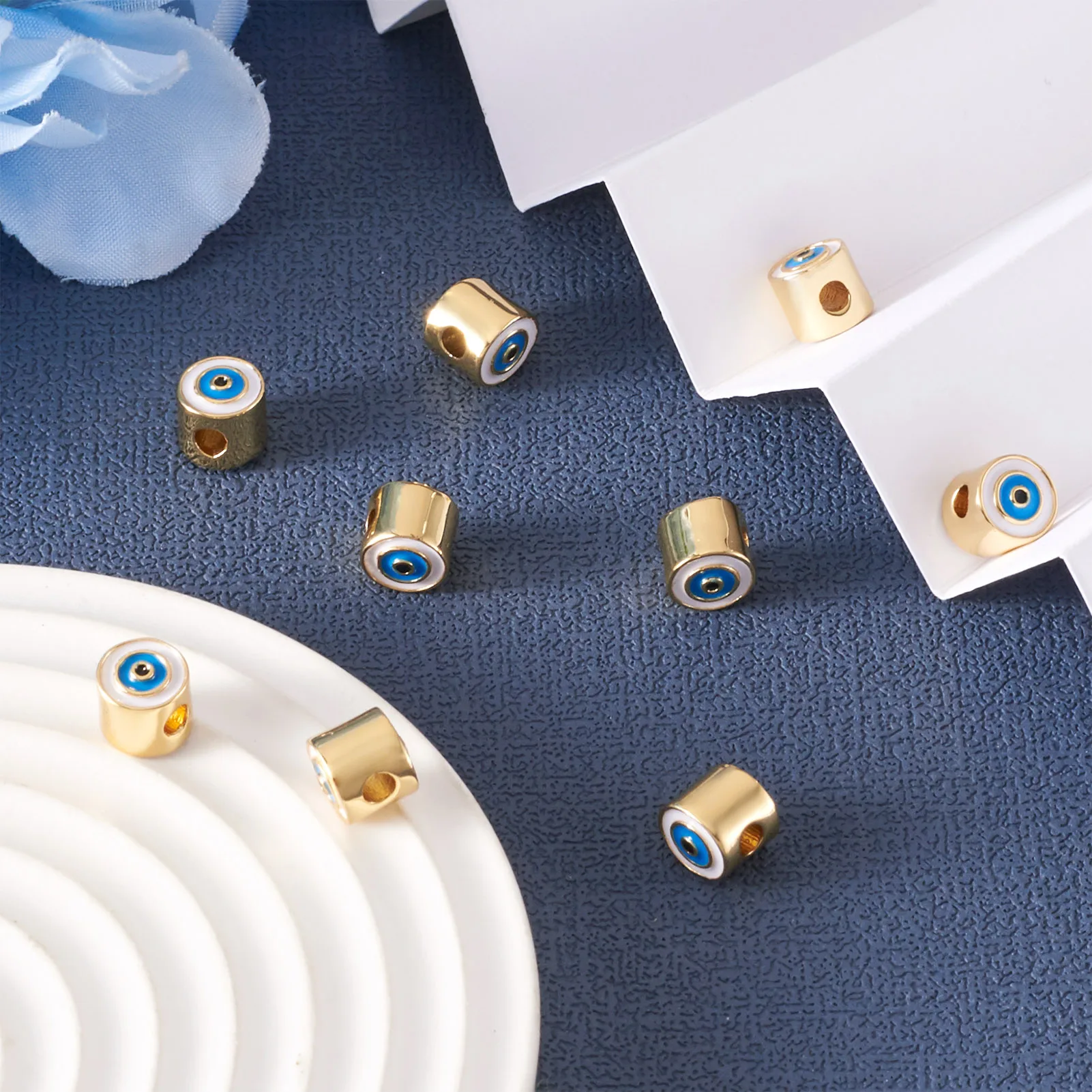 10pcs  Brass Enamel Beads Column with Evil Eye Spacer Beads For Halloween Easter Necklace Bracelet Jewelry Making 7.5~10x4.5~7mm