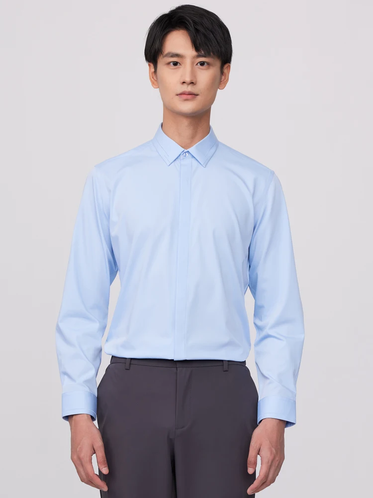 Men's Long Sleeve Casual Slight Strech Basic Shirt Without Pocket Front Hidden Buttons Placket Comfortable Slim-fit Dress Shirts
