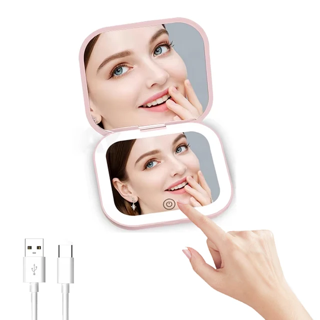 Miroir de vanité cosmétique Compact grossissant 2X avec lumières, Mini cadeau de voyage, miroir de maquillage de poche Portable pliable à Led 1