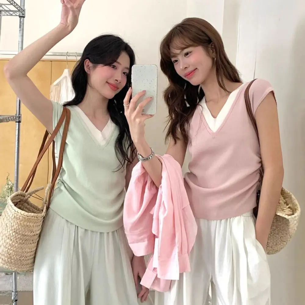 Description Picture 5 of itemSimple Patchwork Fake Two Pieces T-shirts V-neck Korean Style Slim Crop Top Short Sleeve Sweet Girl's Top Summer