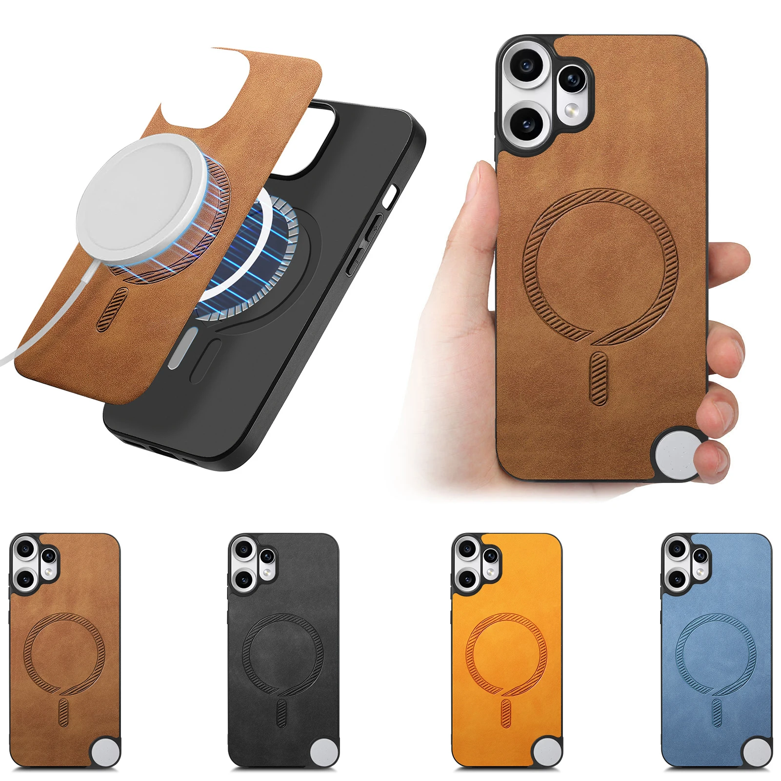 Magnetic Leather Case with MagSafe Wireless Charging and Matte Shockproof Bumper