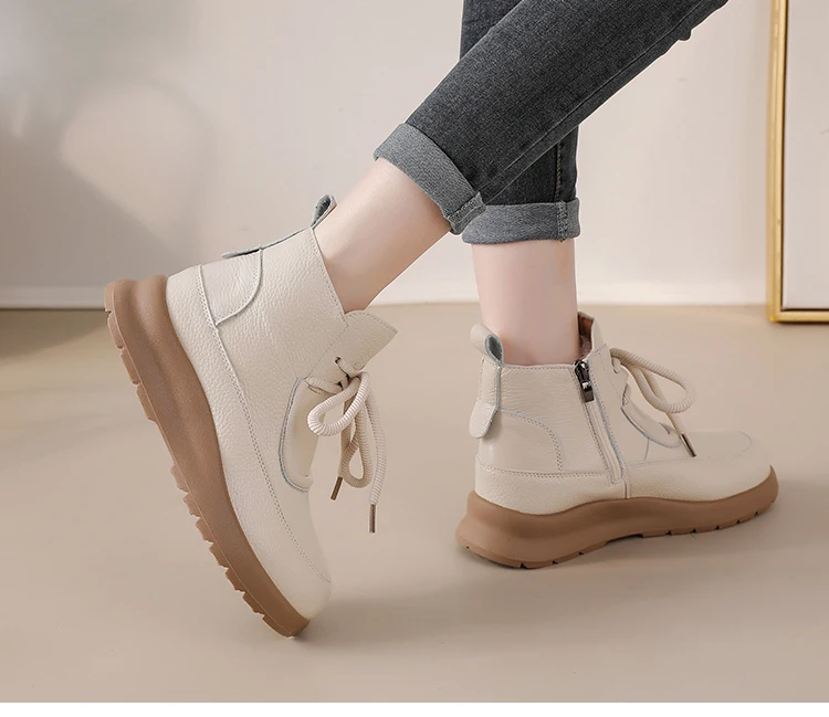 Neue echtes Rindsleder Stiefel Damen Winter wasserdichte Plüschschuhe Damen Schnürschuhe Wohnungen pelzige Stiefeletten Frau warme Schneeschuhe – Detail 11