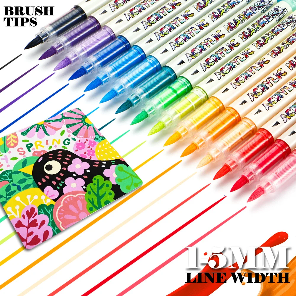 12-168색 아크릴 마커 듀얼 브러쉬 팁 패브릭, 돌, 세라믹, 유리, 캔버스, 나무 그림 그리기용 펜