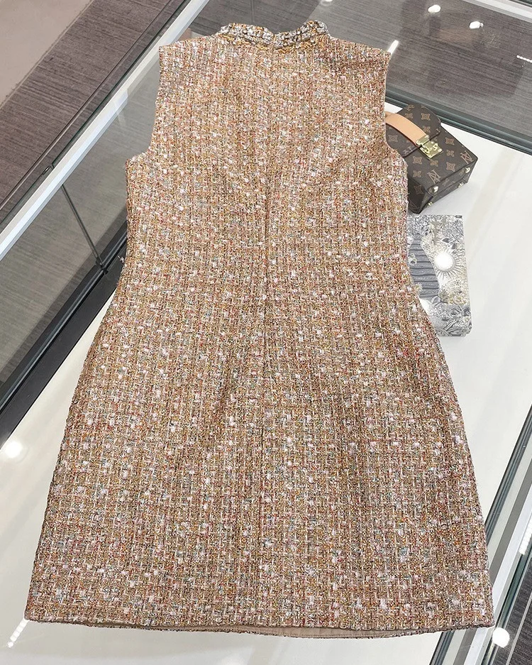 Elegant Tweed Beaded Stand Vest Dress Fashion Gold Hollowed Out Sleeveless Short Dresses Women 2025 New Spring Summer A8299