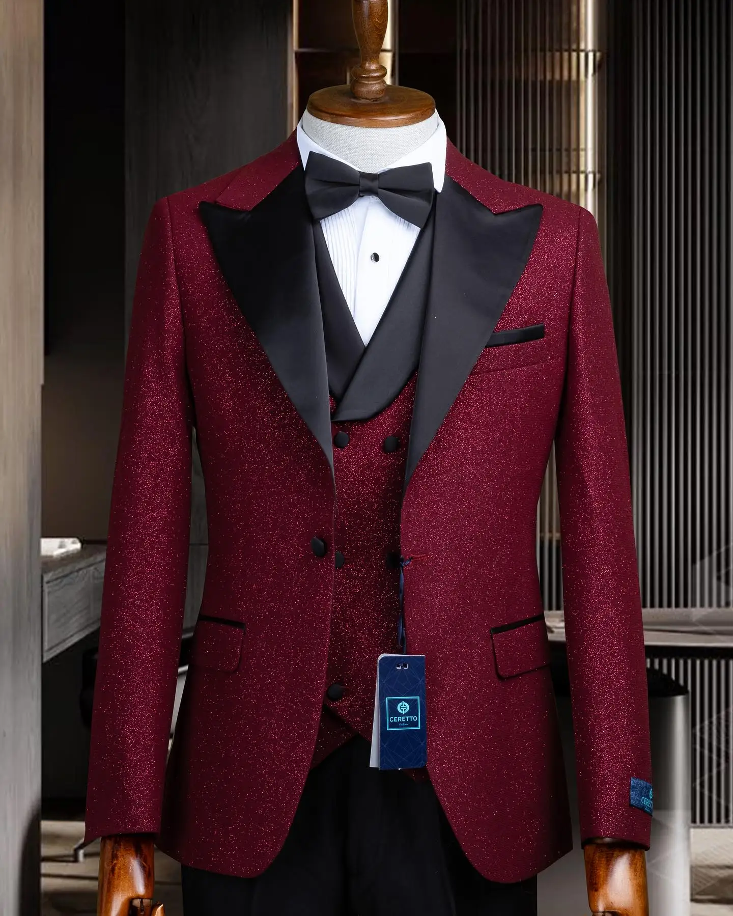 

Costume Homme Black Satin Collar Burgundy Men's Suit Blazer Vest Pants Sets Business Wear Formal Party Ternos for Men