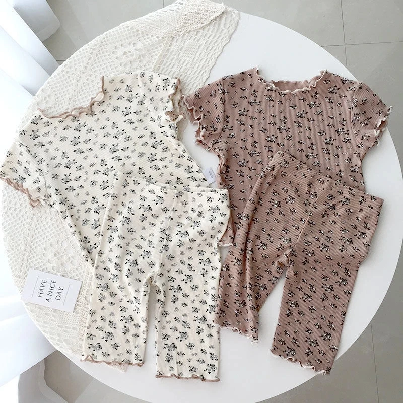2025 Summer New Girls Home Clothes Costume Short-sleeved Floral Suit Baby Two-piece Set Korean Version Pajamas Homewear Suit 2