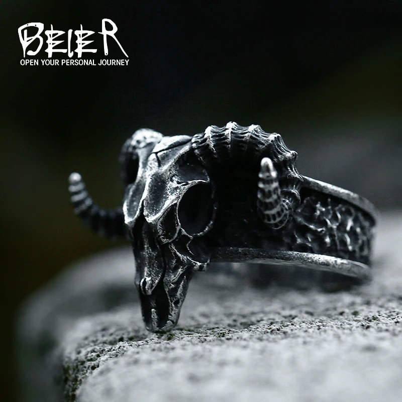 Stainless Steel Ring Finger Ring Opening Ring Beier 316L Stainless Steel Nose Viking Ancient Dish Sheep Head Skull Man Ring Vintage Opening Animal Jewelry BR8-042