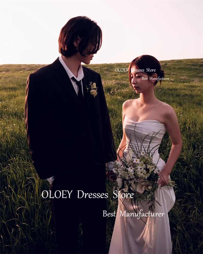 OLOEY Simple A Line Wedding Dresses Photoshoot Soft Satin Pleats Floor Length Bride Dress Mariage Corset Back Plain Custom 3