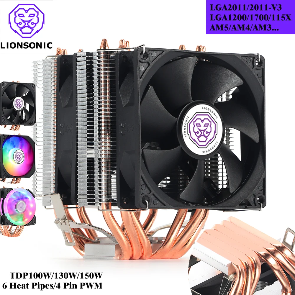 6 Heat Pipes 4 Pin PWM RGB PC Quiet CPU Cooler for Intel LGA 1700 2011 2011-V3 1200 1150 1151 X79 X99 E5 AMD AM4 AM3 CPU Cooling Fan cooling fan
